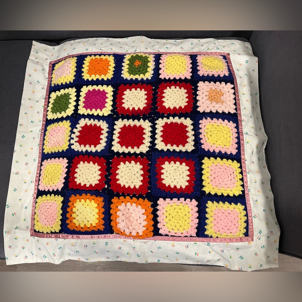 Vtg Granny Square Multi Colored Afghan Crochet Lap Blanket 30x30 Handmade